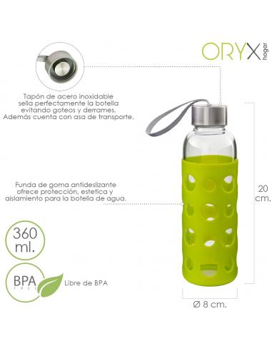 Botella Agua de Cristal Con Funda Goma y Tapon Antigotas 360 ml. - Imagen 1