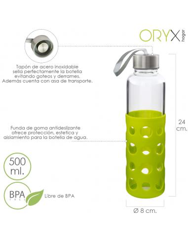 Botella Agua de Cristal Con Funda Goma y Tapon Antigotas 500 ml. - Imagen 1
