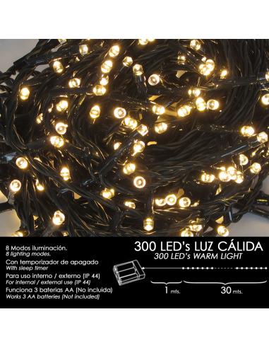 Luces Navidad A Pilas 300 Leds Luz Calida Interior / Exterior (IP44) - Imagen 1