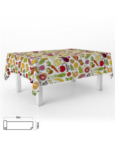 Mantel Hule Rectangular Frutas Fantasia. Impermeable Antimanchas PVC 140 cm. x 20 metros. Rollo Recortable. Interior y Exterior 