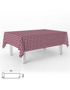 Mantel Hule Rectangular Cuadros Rojos. Impermeable Antimanchas PVC 140 cm. x 20 metros. Rollo Recortable. Interior y Exterior - 
