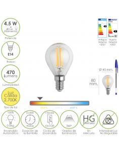 Bombilla Led Filamento Globo Mini Rosca E14. 4,5 Watt. Equivale A 40 Watt. 470 Lumenes. Luz Cálida (2700º K.) - Imagen 1