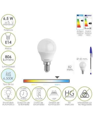 Bombilla Led Esfera Rosca E14. 6.5 Watt. Equivale A 55 Watt. 806 Lumenes. Luz Fría 6500º K.) - Imagen 1