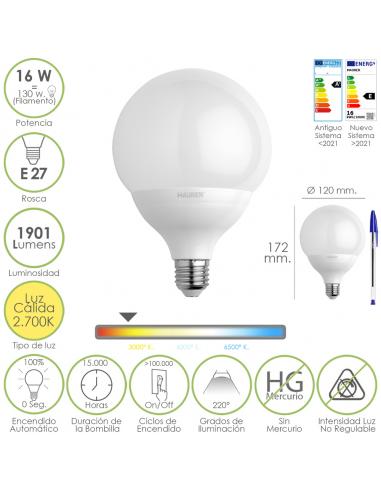 Bombilla Led Globo Rosca E27. 16 Watt. Equivale A 130 Watt. 1901 Lumenes. Luz Cálida (2700º K.) - Imagen 1