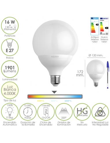 Bombilla Led Globo Rosca E27. 16 Watt. Equivale A 130 Watt. 1901 Lumenes. Luz Blanca (4000º K.) - Imagen 1