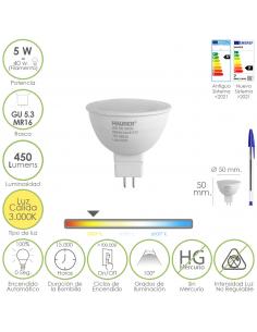 Bombilla Led Dicroica Rosca GU 5.3 / MR16. 5 Watt. Equivale A 40 Watt. 405 Lumenes. Luz Cálida (3000º K.) - Imagen 1