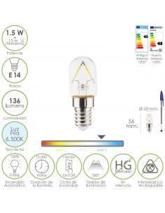 Bombilla Led Frigorifico Rosca E14. 1.5 Watt. Equivale A 15 Watt. 136 Lumenes. Luz Fria (6500º K.) - Imagen 1