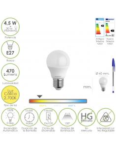 Bombilla Led Esferica Rosca E27 4.5 Watt. Equivale A 55 Watt. 470 Lumenes. Luz Cálida (2700º K.) - Imagen 1