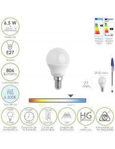 Bombilla Led Esfera Rosca E27. 6.5 Watt. Equivale A 55 Watt. 806 Lumenes. Luz Fría 6500º K. - Imagen 1