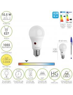 Bombilla Led Esfera Con Sensor Crepuscular. Rosca E27. 10.5 Watt. Equivale A 90 Watt. 1055 Lumenes. (Luz Calida 3000º K.) - Imag