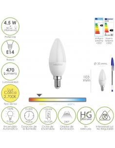 Bombilla Led Vela Rosca E14. 4,5 Watt. Equivale A 30 Watt. 470 Lumenes. Luz Cálida (2700º K) - Imagen 1
