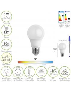 Bombilla Led Estandar Rosca E27. 8 Watt. Equivale A 65 Watt. 806 Lumenes. Luz Neutra (4000º K.) - Imagen 1