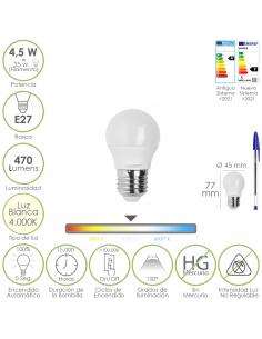 Bombilla Led Esferica Rosca E27 4.5 Watt. Equivale A 55 Watt. 470 Lumenes. Luz Neutra (4000º K) - Imagen 1