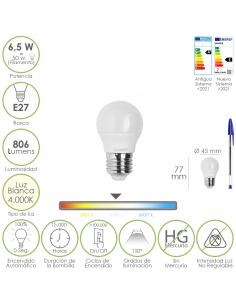 Bombilla Led Esfera Rosca E27. 6.5 Watt. Equivale A 50 Watt. 806 Lumenes. Luz Neutra 4000º K. - Imagen 1