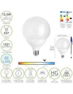 Bombilla Led Esfera Globo E27. 13,5 Watt. Equivale A 100 Watt. 1521 Lumenes. Luz Fria 6500º K. - Imagen 1
