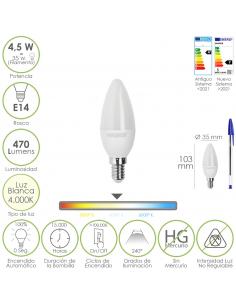 Bombilla Led Vela Rosca E14. 4,5 Watt. Equivale A 30 Watt. 470 Lumenes. Luz Neutra (4000º K.) - Imagen 1