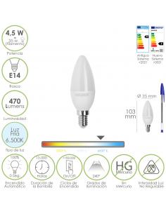 Bombilla Led Vela Rosca E14. 4,5 Watt. Equivale A 30 Watt. 470 Lumenes. Luz Fira (6500º K.) - Imagen 1
