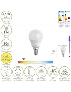 Bombilla Led Esfera Rosca E14. 6.5 Watt. Equivale A 50 Watt. 806 Lumenes. Luz Calida 2700º K. - Imagen 1