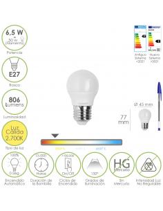 Bombilla Led Esfera Rosca E27. 6.5 Watt. Equivale A 50 Watt. 806 Lumenes. Luz Calida 3000º K. - Imagen 1