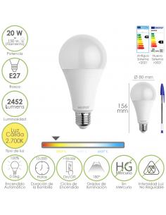 Bombilla Led Estandar Rosca E27. 20  Watt. Equivale A 150 Watt. 2452 Lumenes. Luz Calida (3000º K.) - Imagen 1