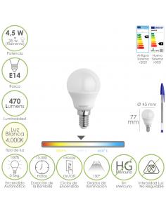 Bombilla Led Esferica Rosca E14 4.5 Watt. Equivale A 35 Watt. 470 Lumenes. Luz Neutra (4000º K) - Imagen 1