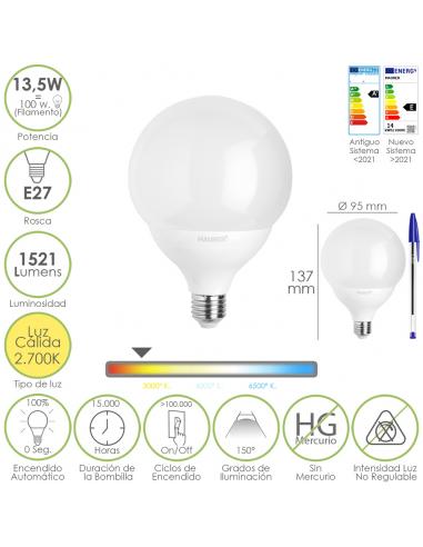 Bombilla Led Esfera Globo E27. 13,5 Watt. Equivale A 100 Watt. 1521 Lumenes. Luz Calida 3000º K. - Imagen 1