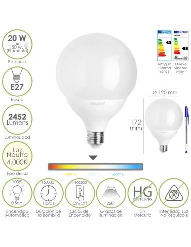 Bombilla Led Globo E27. 20 Watt. Equivale A 150 Watt. 2452 Lumenes. Luz Neutra 4000º K. - Imagen 1