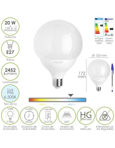 Bombilla Led Globo E27. 20 Watt. Equivale A 150 Watt. 2452 Lumenes. Luz Fria 6500º K. - Imagen 1