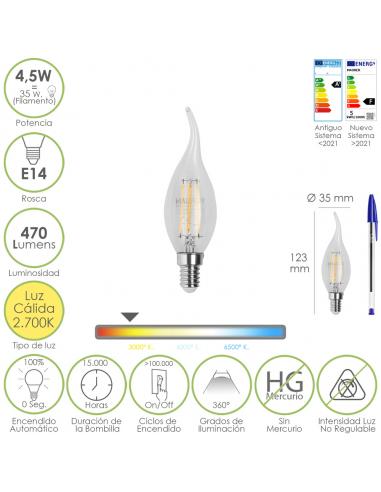 Bombilla Led Filamento Vela Llama E14. 4,5 Watt. Equivale A 35 Watt. 470 Lumenes. Luz Calida 2700º K. - Imagen 1