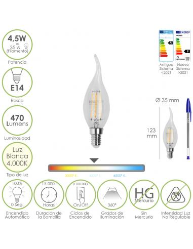 Bombilla Led Filamento Vela Llama E14. 4,5 Watt. Equivale A 35 Watt. 470 Lumenes. Luz Neutra 4000º K. - Imagen 1