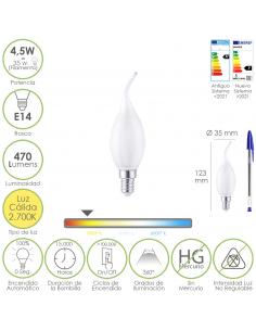 Bombilla Led Filamento Vela Llama Esmerilada E14. 4,5 Watt. Equivale A 35 Watt. 470 Lumenes. Luz Calida 2700º K. - Imagen 1