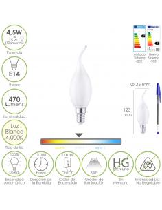 Bombilla Led Filamento Vela Llama Esmerilada E14. 4,5 Watt. Equivale A 35 Watt. 470 Lumenes. Luz Neutra 4000º K. - Imagen 1