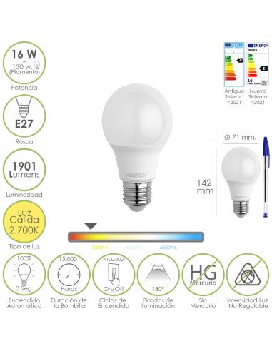 Bombilla Led Estandar Rosca E27. 16 Watt. Equivale A 130 Watt. 1901 Lumenes. Luz Calida 2.700º K. - Imagen 1