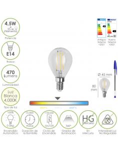 Bombilla Led Filamento Globo Rosca E14. 4,5 Watt. Equivale A 35 Watt. 470 Lumenes. Luz Neutra 4000º K. - Imagen 1