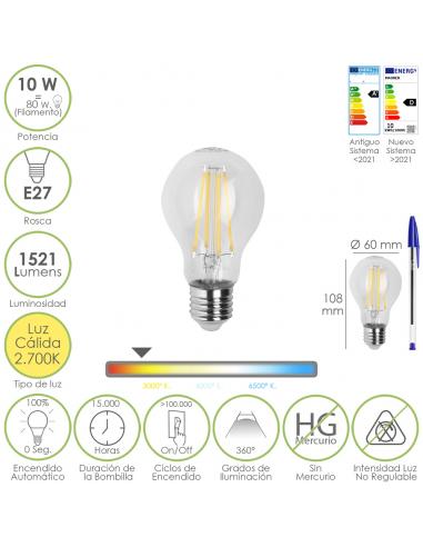 Bombilla Led Filamento Standar Rosca E27. 10 Watt. Equivale A 80 Watt. 1521 Lumenes. Luz Calida 2700º K. - Imagen 1