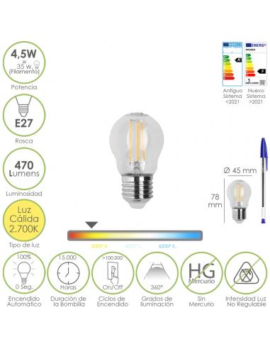 Bombilla Led Filamento Globo Rosca E27. 4,5 Watt. Equivale A 35 Watt. 470 Lumenes. Luz Calida 2700º K. - Imagen 1