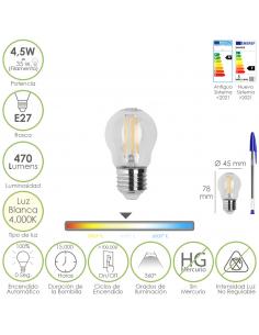 Bombilla Led Filamento Globo Rosca E27. 4,5 Watt. Equivale A 35 Watt. 470 Lumenes. Luz Neutra 4000º K. - Imagen 1