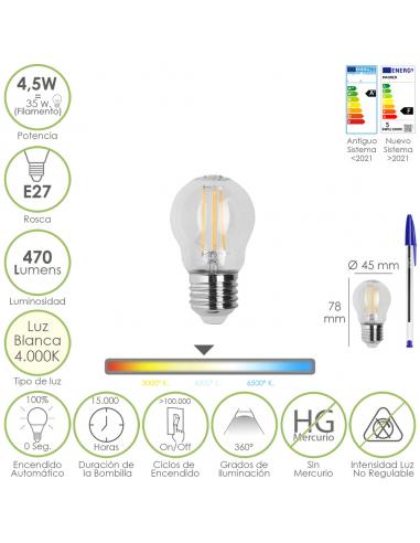 Bombilla Led Filamento Globo Rosca E27. 4,5 Watt. Equivale A 35 Watt. 470 Lumenes. Luz Neutra 4000º K. - Imagen 1