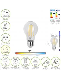 Bombilla Led Filamento Standar Rosca E27. 10 Watt. Equivale A 80 Watt. 1521 Lumenes. Luz Neutra 4000º K. - Imagen 1