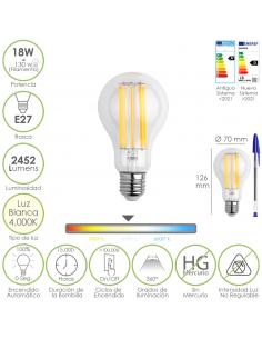 Bombilla Led Filamento Standar Rosca E27. 18 Watt. Equivale A 130 Watt. 2462 Lumenes. Luz Neutra 4000º K. - Imagen 1