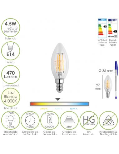 Bombilla Led Filamento Vela Rosca E14. 4,5 Watt. Equivale A 35 Watt. 470 Lumenes. Luz Neutra 4000º K. - Imagen 1