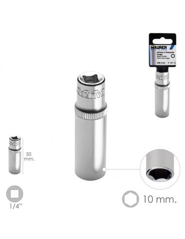 Llave Vaso 1/4" Hexagonal Larga 10 mm. Perfil de 6 caras. Acero Cromo Vanadio, Aristas Redondas