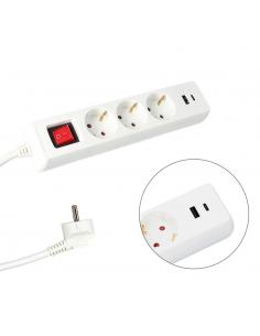 Base Multiple 3 Tomas Schucko y 2 tomas USB (A / C) Con Interruptor y Toma de Tierra